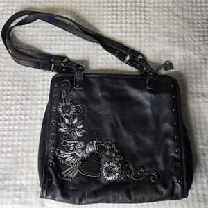 Mary Frances Black Leather Bird And Heart Purse